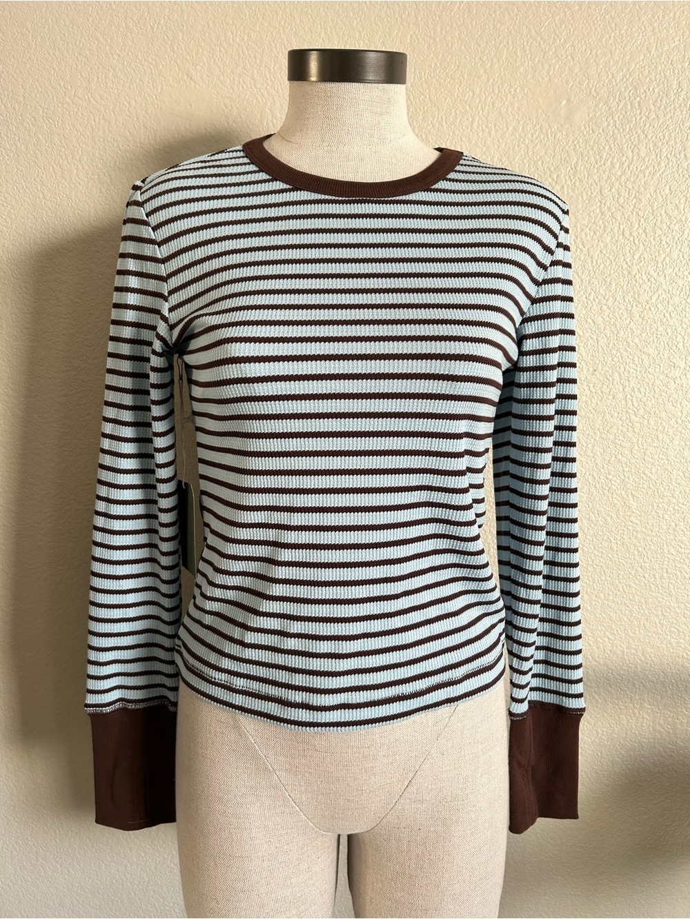 Dairy Boy Striped Long-Sleeve Ribbed Tee in Light Blue and Brown
